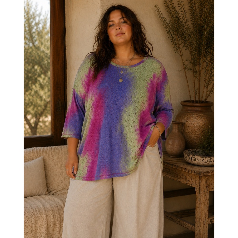 LOGO Layers Lori Goldstein Tie Dye Pointelle Knit Tunic Top Purple Green XL